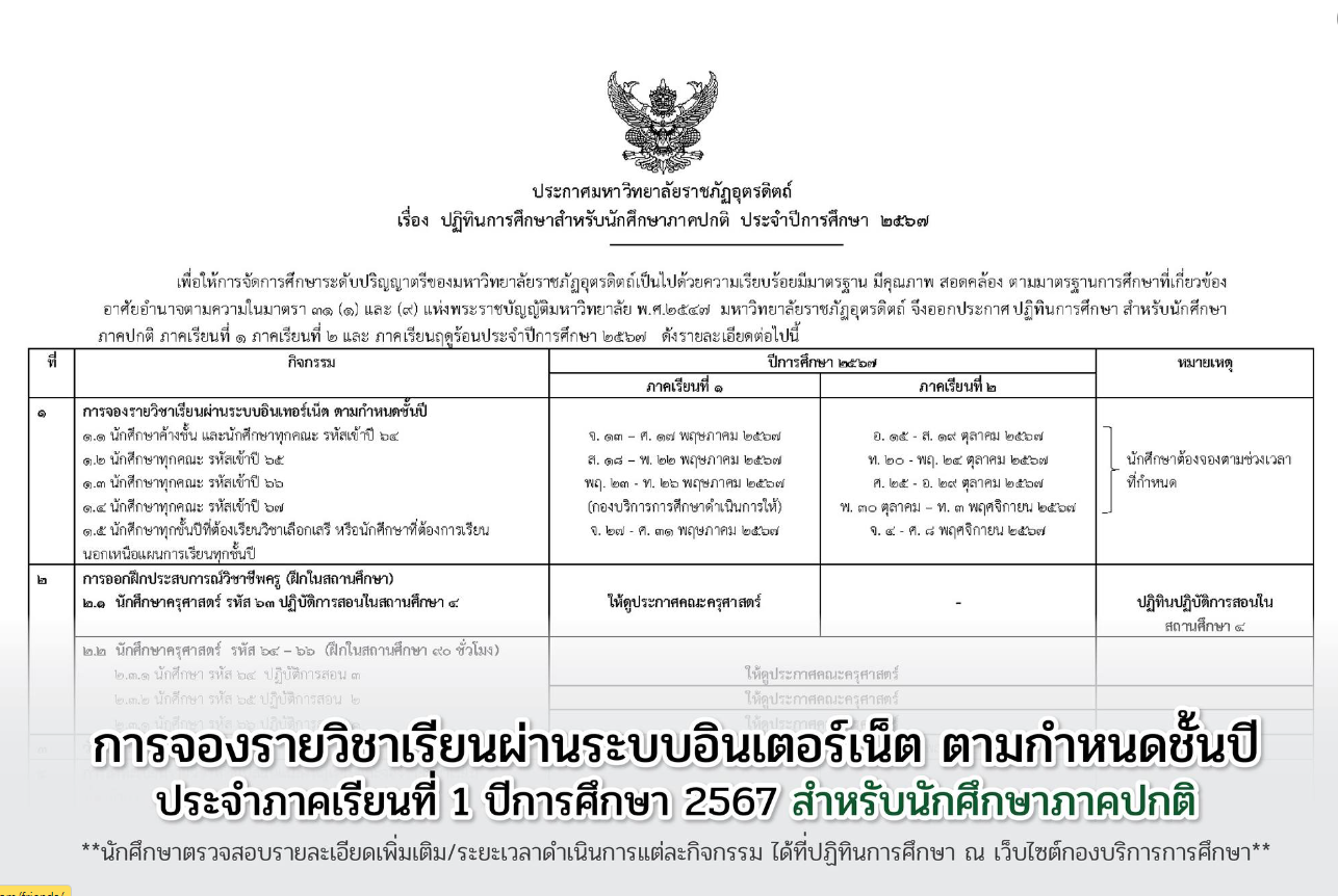 การจองรายวิชาเรียนผ่านระบบอินเตอร์เน็ตตามกำหนดชั้นปี ประจำภาคเรียนที่ 1 ปีการศึกษา 2567