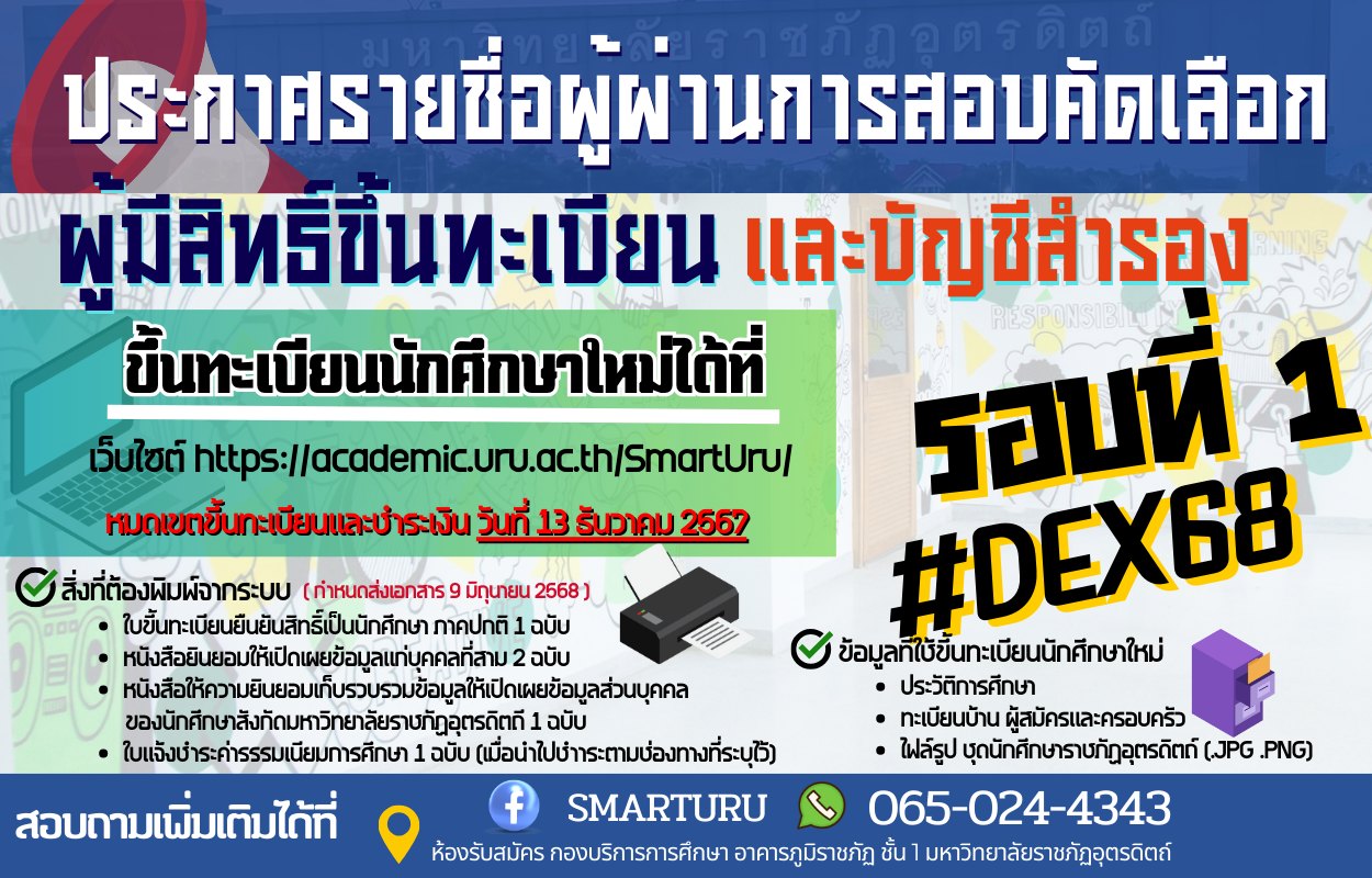 ประกาศรายชื่อผู้ผ่านการสอบคัดเลือกผู้มีสิทธิ์ขึ้นทะเบียนนักศึกษาใหม่ และบัญชีสำรองประจำปีการศึกษา 2568 รอบ 1